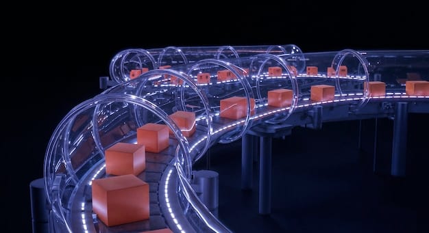 A high-tech factory floor with robotic arms assembling products with precision and efficiency, all connected through a 6G network visualized by glowing lines of data flowing between the machines.