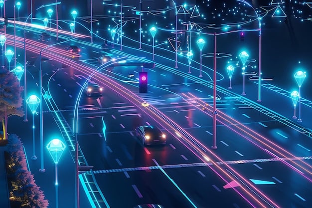 Autonomous vehicles navigating a smart city intersection, with 6G signals visualized as glowing pathways connecting the cars, traffic lights, and pedestrian devices, ensuring seamless and safe navigation.