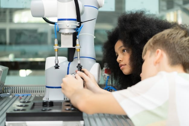 A close-up shot of a collaborative robot (cobot) working alongside a human worker on an assembly line, assembling electronic components. The cobot is designed with sensors and safety features to ensure safe interaction with humans, illustrating the concept of human-robot collaboration in manufacturing.