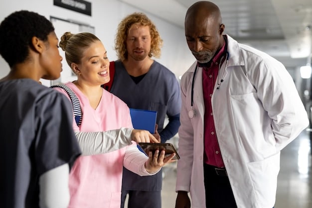 A diverse group of medical professionals collaborating around a large touchscreen displaying patient data and AI-driven diagnostic tools, symbolizing the integration of AI in healthcare decision-making.