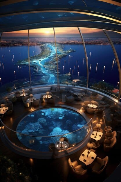 An artist's rendering of a luxury space hotel orbiting Earth, showing passengers enjoying amenities and the breathtaking views of the planet below.