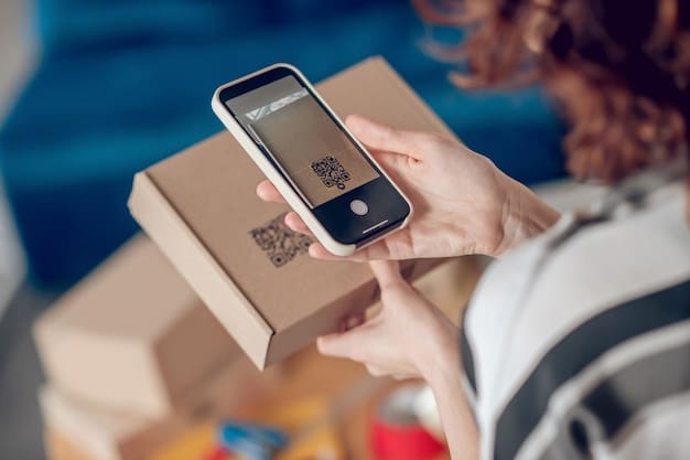 A close-up of a QR code on a product package being scanned by a smartphone. The smartphone screen displays the product's journey through the supply chain, powered by blockchain technology, showing various checkpoints and timestamps.