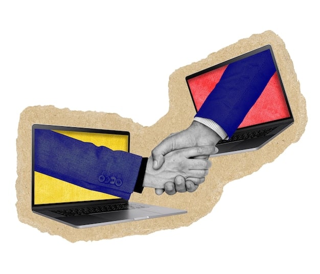 A conceptual image of a digital handshake representing collaboration and partnership in the context of blockchain implementation in supply chain management. The handshake is overlaid on a network of interconnected nodes, symbolizing the distributed nature of blockchain.