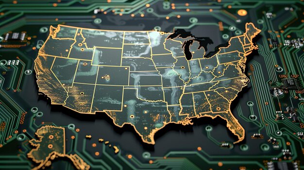 A futuristic interactive map of the United States, highlighting the density of EV charging stations across different states and major cities, with color-coded markers indicating the availability of Level 2 and DC fast charging options.
