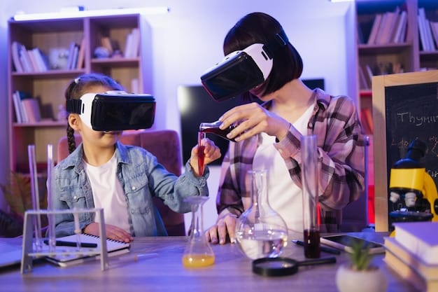 High school students in the US collaborating in a VR lab, wearing headsets and interacting with a virtual simulation of a historical event. They are discussing their observations and working together to solve a problem in the historical context.