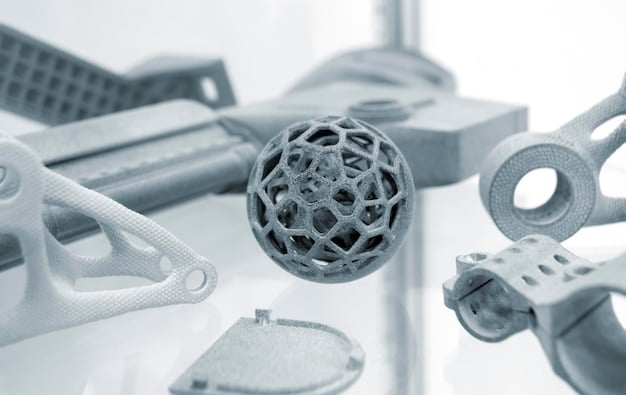 A close-up shot of various 3D-printed materials, including polymers, metals, and ceramics. The image showcases the diversity and potential of these materials in different applications.