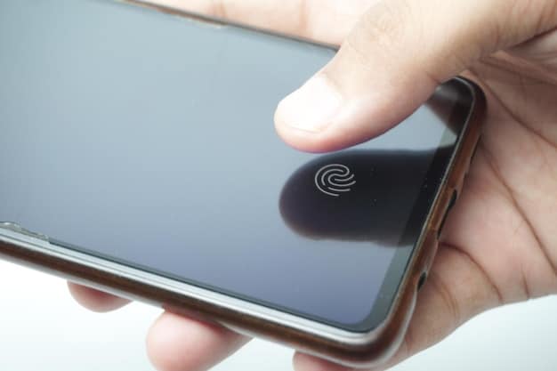 A close-up shot of a smartphone displaying a multi-factor authentication screen with options like fingerprint scan, face ID, and one-time password. The background is blurred, showing part of a modern smart home setup.