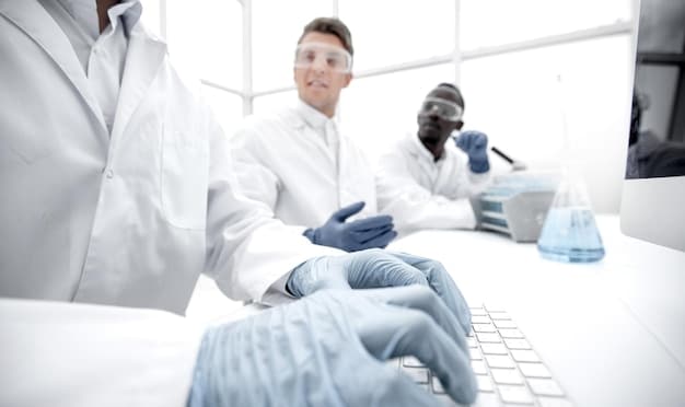 A close-up, detailed laboratory scene showing scientists in lab coats working with gene-editing equipment, with a focus on CRISPR technology. The image should convey precision, innovation, and scientific rigor.