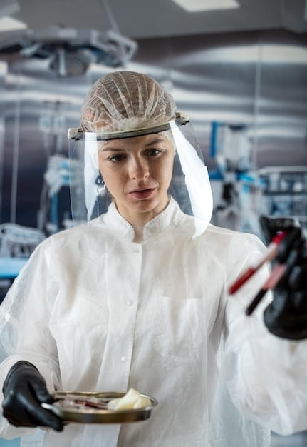 A medical professional in a sterile lab using nanotechnology to develop a targeted drug delivery system. Focus on the precision and advanced technology involved.