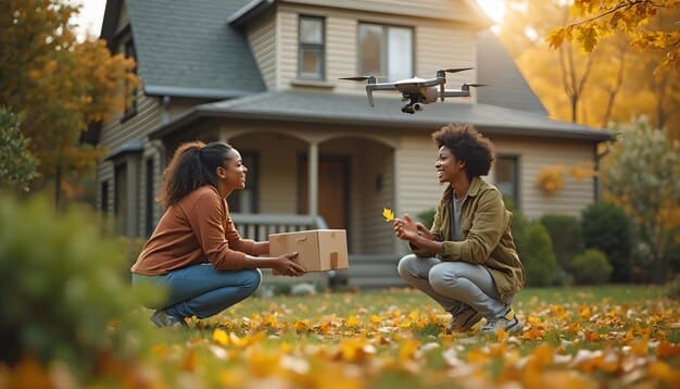 A drone delivering a small package to the doorstep of a house in a suburban neighborhood, with the homeowner smiling as they receive the delivery.