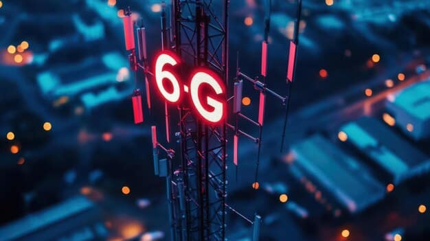 A close-up of a 6G network tower emitting high-frequency signals, with a visual representation of data packets flowing rapidly through the air, highlighting the speed and efficiency of 6G technology.