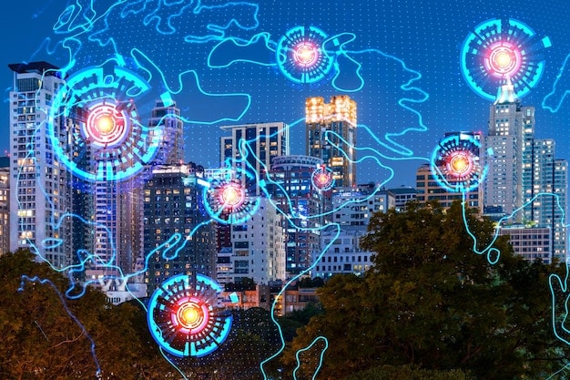 A graphical representation of a 6G-enabled smart city, showcasing interconnected devices and systems optimizing energy consumption, waste management, and public safety, illustrating the potential for enhanced operational efficiency and sustainability.