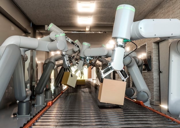 A photograph of a smart factory floor with robotic arms working on a production line, with data visualizations overlaid on the equipment, illustrating real-time monitoring and edge computing in action.