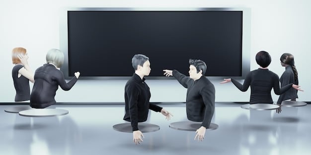 Several avatars attending a virtual product launch event within a Metaverse platform. Digital screens display product information and interactive features, while avatars socialize and explore the virtual environment, highlighting early marketing applications.