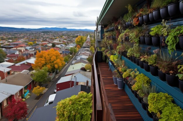 A vibrant rooftop garden on top of a modern building in a US city. The garden features diverse plants, vegetables, and flowers, with a system for collecting rainwater and composting organic waste.