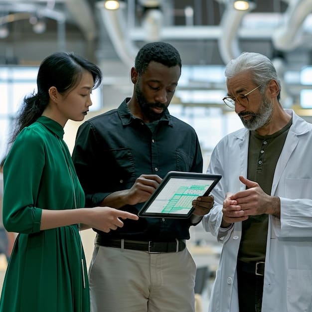 A group of engineers in a US factory monitoring data from IoT sensors that provide real-time information on the performance of robotic systems.