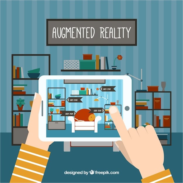 A living room scene where a customer is using an AR app on their tablet to virtually place a piece of furniture in their home. The furniture appears realistically in the room through the screen, allowing the customer to see how it fits with the existing decor.