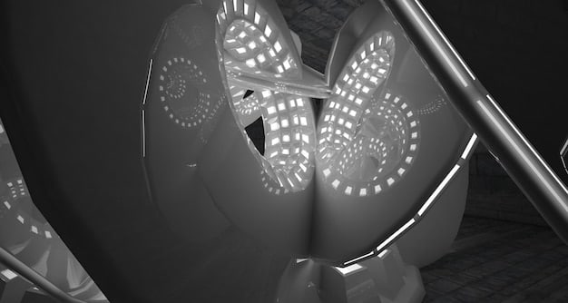 A close-up of a 3D printer creating a complex geometric shape, with intricate layers visible. The lighting emphasizes the precision and detail of the process.