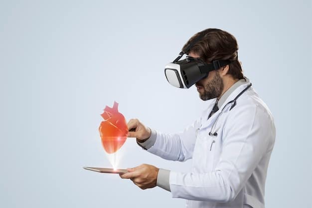 A doctor holding a 3D printed model of a heart, used for surgical planning. The model is highly detailed, showcasing the internal structures of the organ.