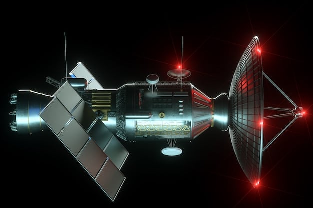 A detailed rendering of a next-generation satellite in orbit, showcasing its advanced communication and imaging capabilities. Solar panels are extended, capturing energy from the sun, and the satellite is positioned to monitor and transmit data across Earth. The image emphasizes technological sophistication and operational readiness.