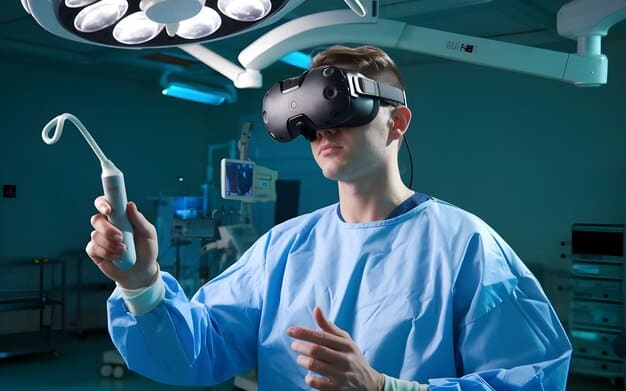 A medical student using VR to practice a surgical procedure, highlighting the precision and detailed learning offered by VR in healthcare.