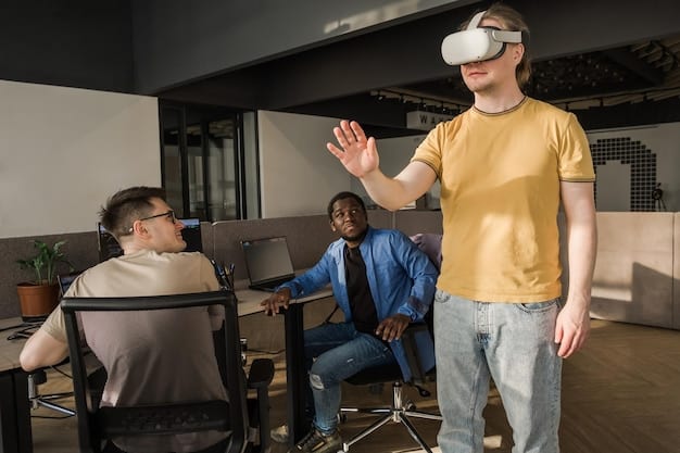 A group of employees collaborating in a VR training session, showcasing teamwork and problem-solving in a virtual environment.