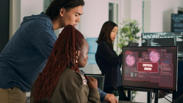 A diverse team of data scientists collaborates around a large interactive screen displaying complex AI algorithms and real-time data visualizations. The scene is set in a modern, open-plan office, symbolizing the collaborative nature of AI development in US businesses.