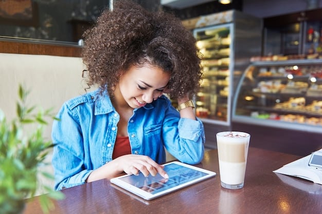 A customer interacts with an AI-powered virtual assistant on a tablet in a coffee shop. The assistant displays personalized recommendations and offers, based on the customer's past purchases and preferences. The scene highlights the seamless integration of AI into everyday customer interactions in the US.