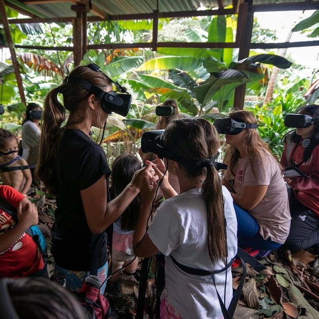 A group of students wearing VR headsets, fully immersed in a virtual reality simulation of the Amazon rainforest, with a teacher guiding and explaining the experience.