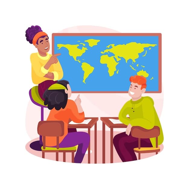 A teacher leading a classroom discussion about different cultures, using maps and visual aids to illustrate cultural diversity.