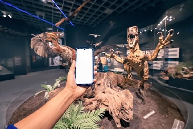 A museum visitor wearing augmented reality glasses, looking at a dinosaur skeleton that appears to 