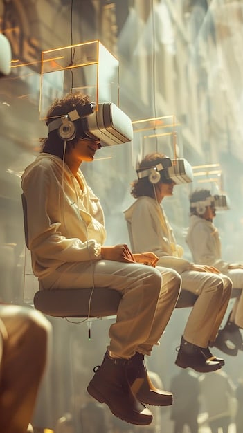 A person wearing a VR headset, fully immersed in a virtual art gallery. The gallery is filled with interactive digital sculptures and paintings, creating a surreal and engaging environment.