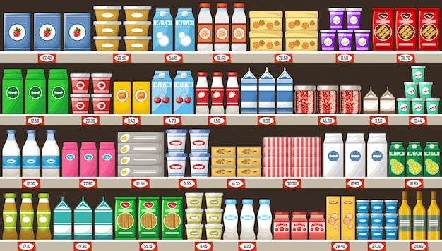 A shelf in a grocery store displaying a variety of products with culturally specific packaging and ingredients. The image should highlight the range of options available to consumers from different backgrounds.