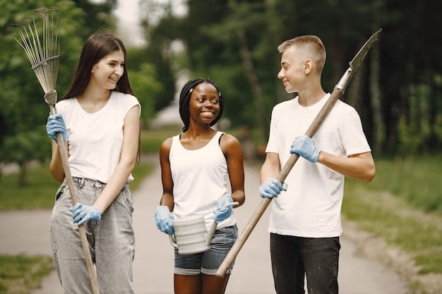 A split image showing, on one side, young people actively participating in a community clean-up event, smiling and engaged; on the other side, an empty town hall meeting room with rows of empty seats, symbolizing the contrast between active and inactive civic participation.