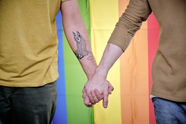 A LGBTQ+ couple being welcomed with open arms into a diverse and inclusive religious community, with visible symbols of different faiths and backgrounds.