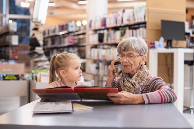 A librarian assisting a senior citizen with using a tablet in a US library. The setting is bright and welcoming, emphasizing the library's role in digital inclusion and intergenerational learning.