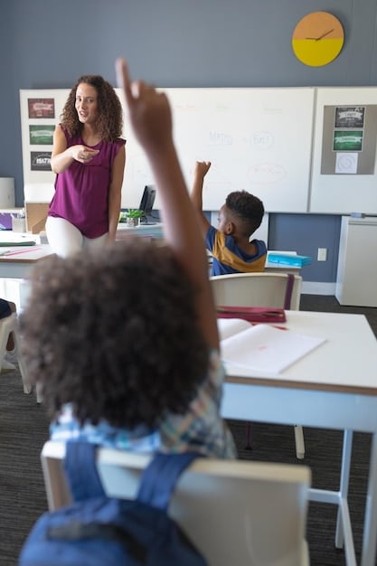 A young student in a diverse classroom raises their hand during a lesson. The image is brightly lit, portraying an environment of active learning. The focus is on the student's face, showing enthusiasm and engagement.