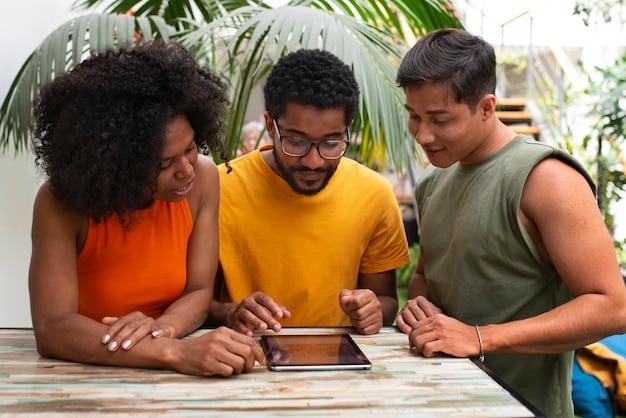 A diverse group of artists collaborating around a table, using AI-powered tablets and software to create a digital mural. Each artist contributes unique elements, showcasing inclusivity in the art-making process.