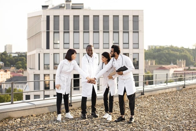 A diverse group of people standing in front of a modern hospital, symbolizing equitable access to genetic engineering healthcare. The image emphasizes inclusivity and fairness.
