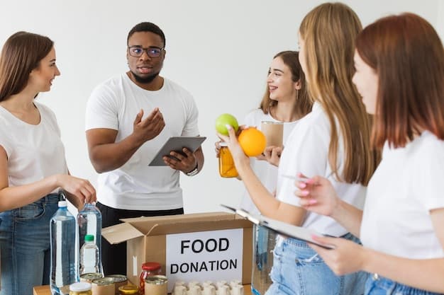 A group of people from diverse backgrounds receiving assistance from a social safety net program, such as food assistance or job training, symbolizing the support provided to those in need.