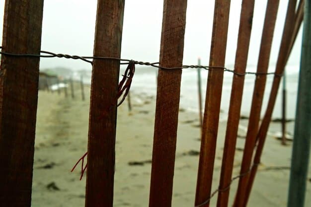 A close-up of the US border fence, with migrants visible on the other side. The image should convey a sense of struggle and desperation.