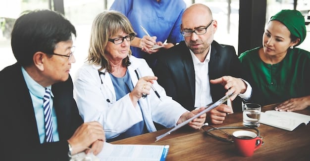 A group of healthcare professionals in a meeting, discussing strategies to combat the opioid crisis with different federal agencies.