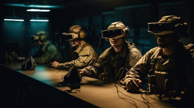 A group of soldiers participating in a training exercise with advanced holographic displays and wearable tech, showcasing the integration of augmented reality and virtual reality in military training.