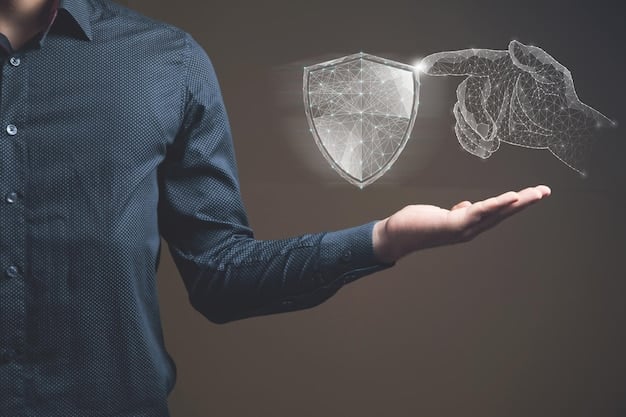 A conceptual image of a person holding a shield icon in their hand, symbolizing cybersecurity and data protection. The background features binary code and abstract network connections, reinforcing the digital context.