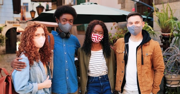 A diverse group of people wearing face masks in a public setting, such as a grocery store or public transportation, demonstrating preventive measures against the flu. The image should be realistic and relatable.