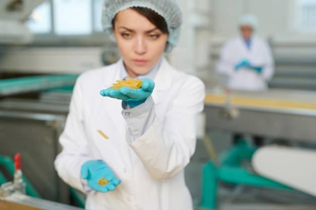 A close-up of an FDA official inspecting a food production facility, wearing protective gear and carefully examining the equipment and processes. The scene highlights the rigorous oversight and safety measures involved in food manufacturing.