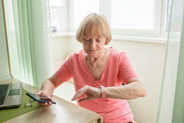 A senior patient wearing a remote health monitoring device on their wrist. The device is displaying health data, and a nurse is reviewing the data on a computer screen in the background. The scene should convey a sense of proactive and personalized care.