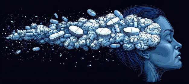 Illustration depicting dopamine release in the brain during drug use, highlighting the reward pathway and the intense pleasure associated with addictive substances.