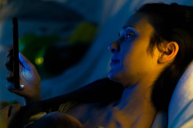 A close-up of a smartphone screen emitting blue light in a dark room. The scene should emphasize the intensity of the blue light and its proximity to the eyes.