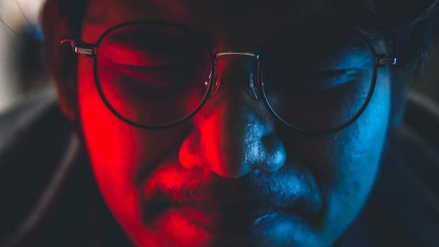 A split image showing a person experiencing digital eye strain (red, tired eyes) on one side, and a person with relaxed eyes wearing blue light blocking glasses on the other side.